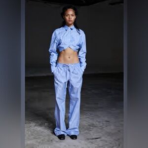 THAKOON RT$298 BLUE/WHITE STRIPED ELASTIC WAIST COTTON STRAIGHT LEG TROUSER